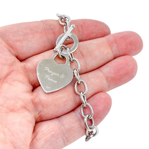 Vintage Sterling Silver Heart Tag Toggle Bracelet | Chunky Chain 7.5” - Picture 1 of 11
